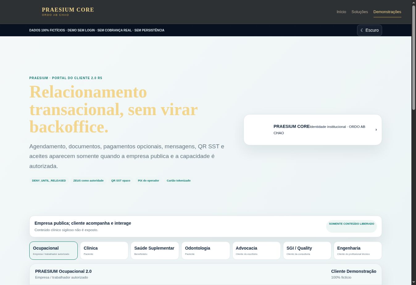 Tela demonstrativa do PRAESIUM Portal do Cliente